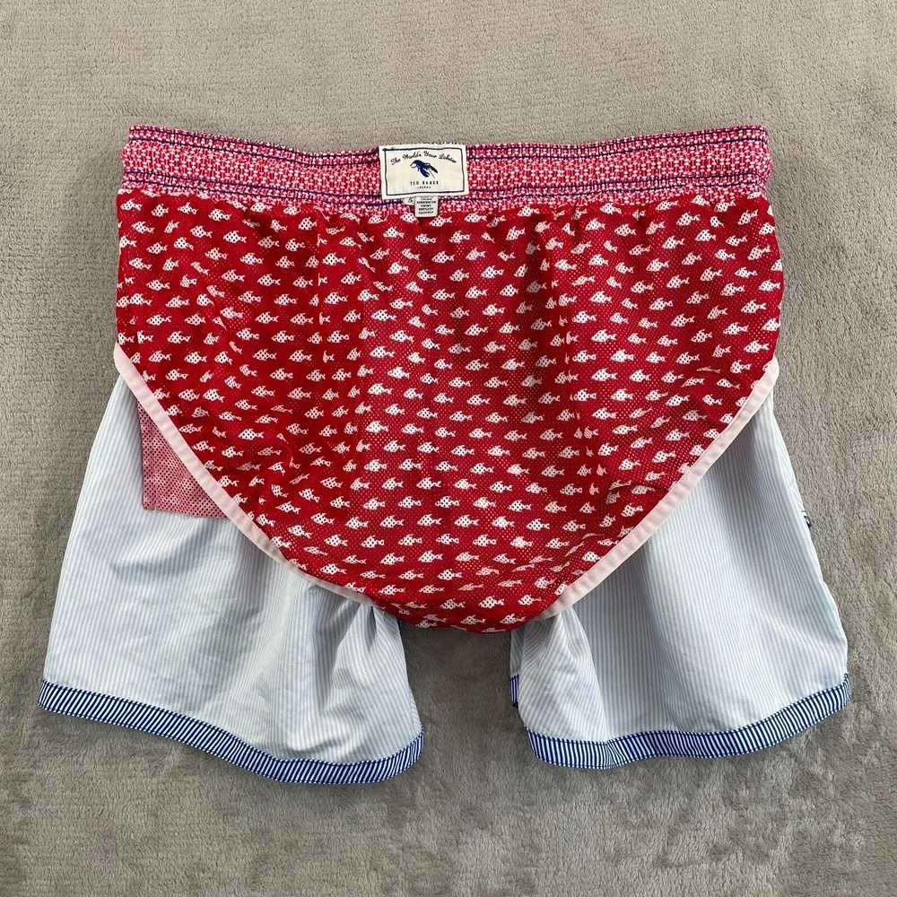 Ted Baker London‎ Swim Trunks Men 5 XL Blue Striped Mesh Lined Lobster Logo NWOT